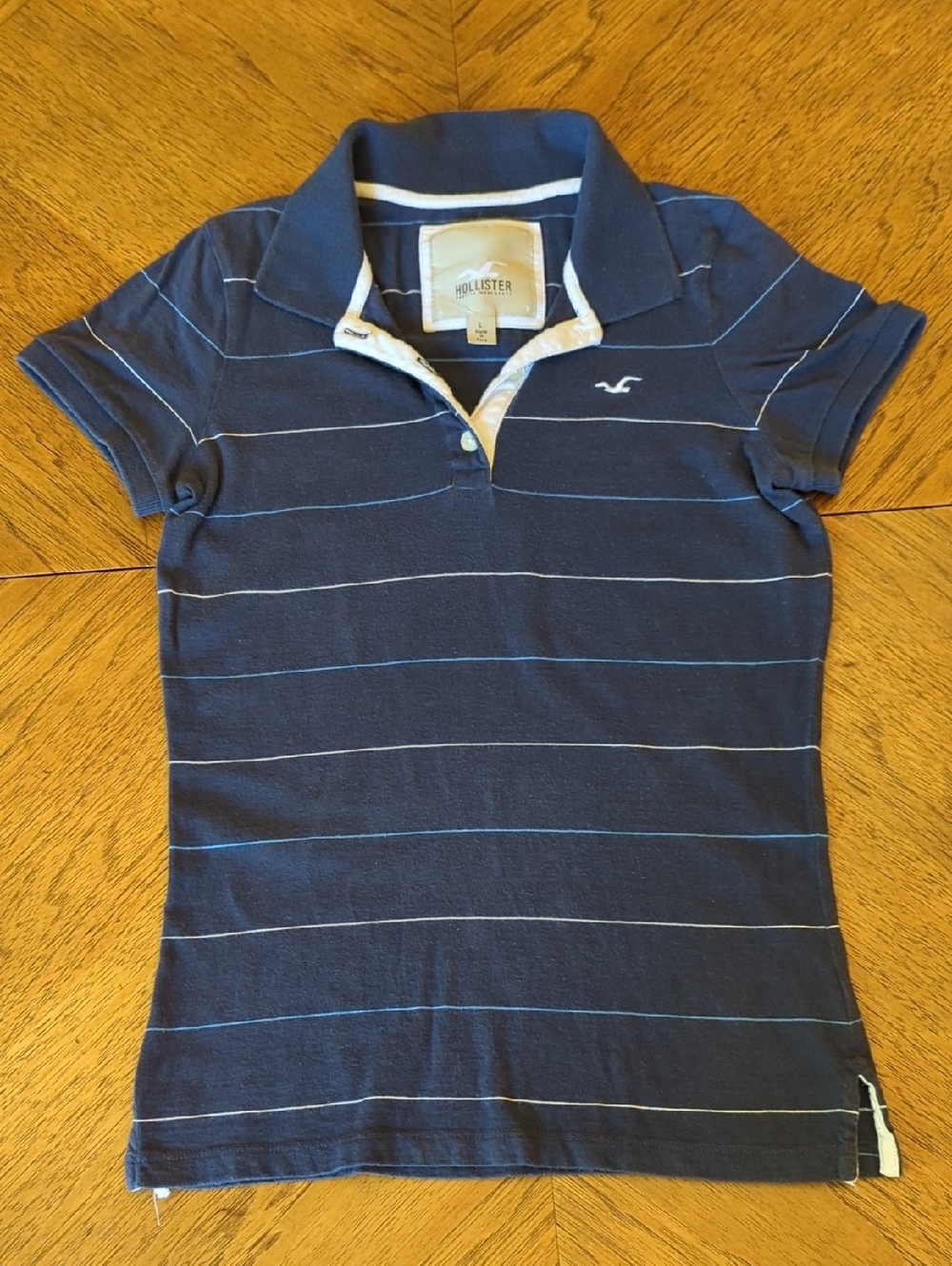 Y2K Women's Hollister Navy Polo With Blue & White Stripes